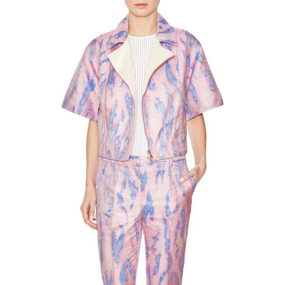 3.1 PHILLIP LIM Cropped JACQUARD Kimono MOTORCYCLE Biker JACKET Pink Blue ( 4 ) - Picture 4 of 9